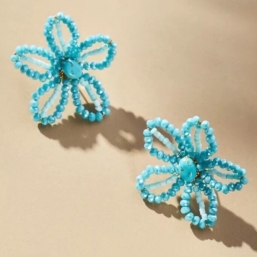 NWT Anthropologie Extra Small Beaded Floral Post Earrings Sky